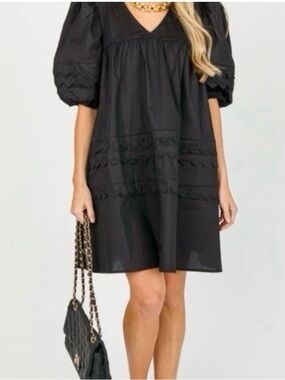 Olivia James the label Gracie black poplin  puff sleeve babydoll mini dress